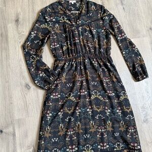 Black Floral Long-Sleeve Midi Dress